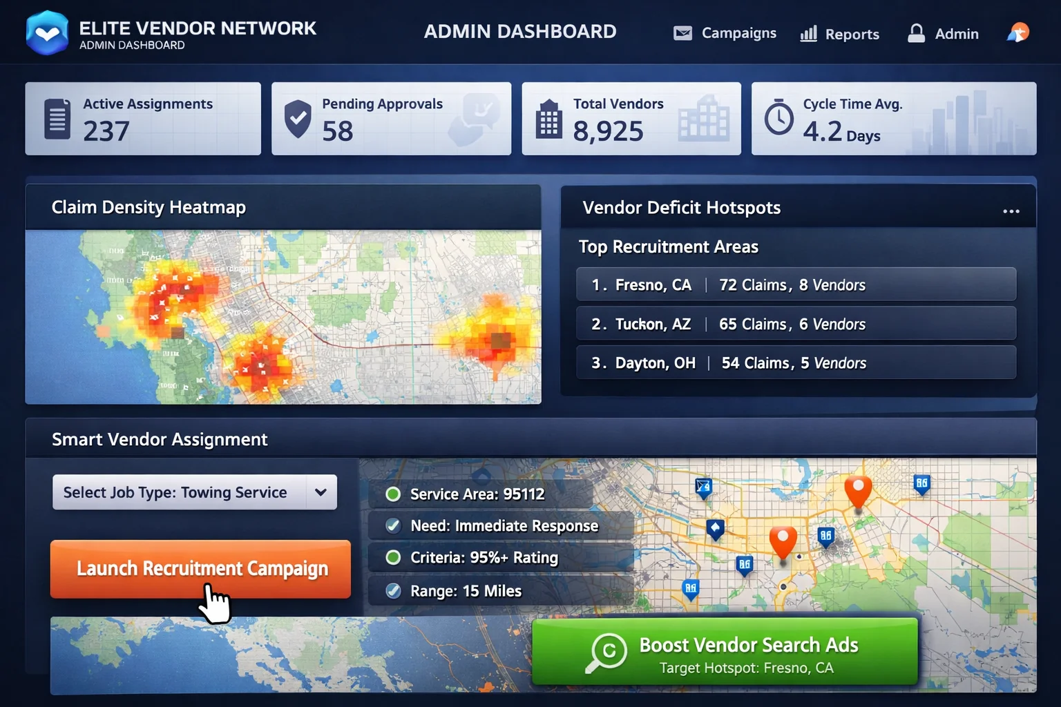 Vendor assignment dashboard with active jobs and recruitment hotspots